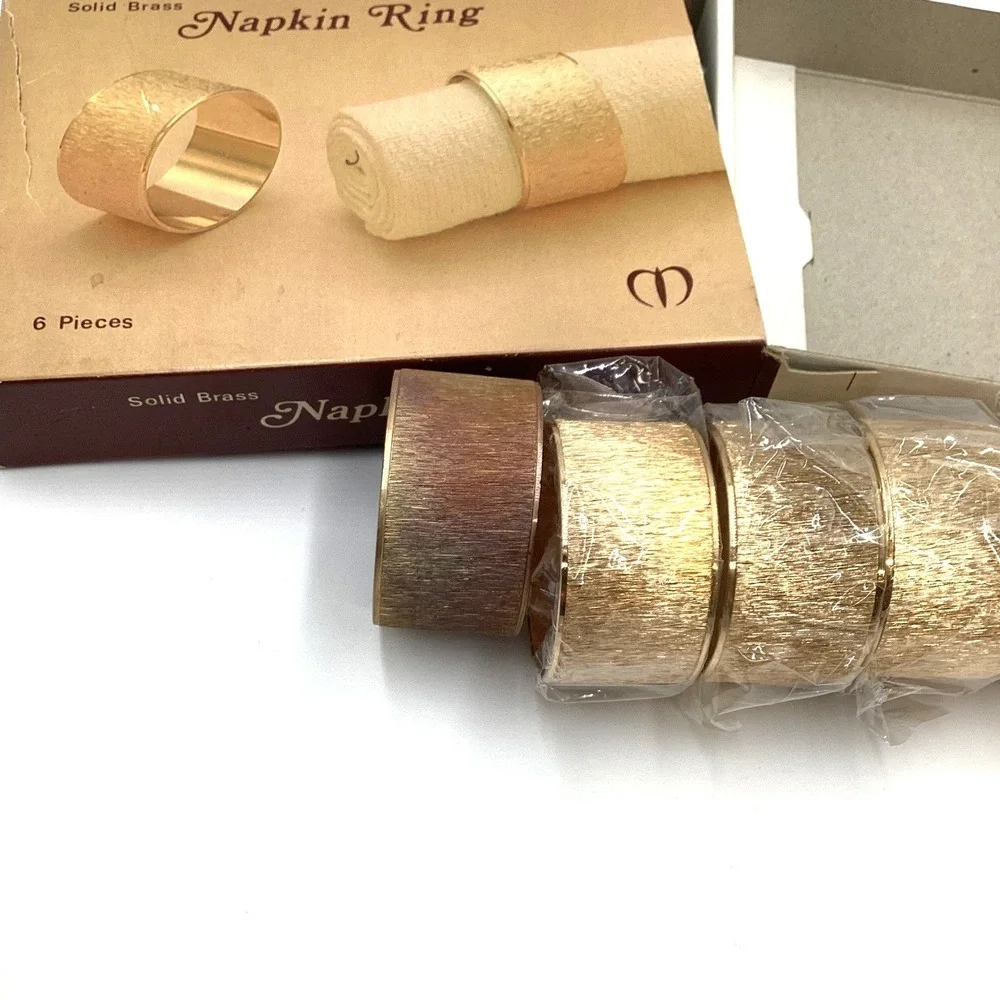 Vintage Solid Brass Napkin Rings Set of 6 Textured Gold‎ Tone M127 MCM Tableware
